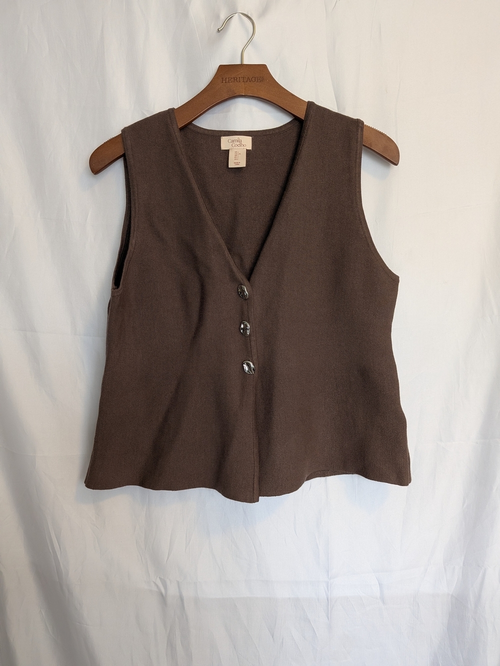 Camila Coelho Brown Sleeveless V-Neck Button Front Knit Top Size Large